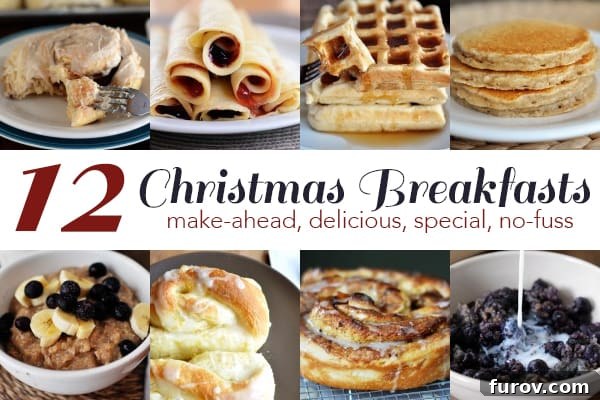 A vibrant collage showcasing various make-ahead breakfast dishes, including cinnamon rolls, pancakes, and savory bakes, perfect for a festive morning.