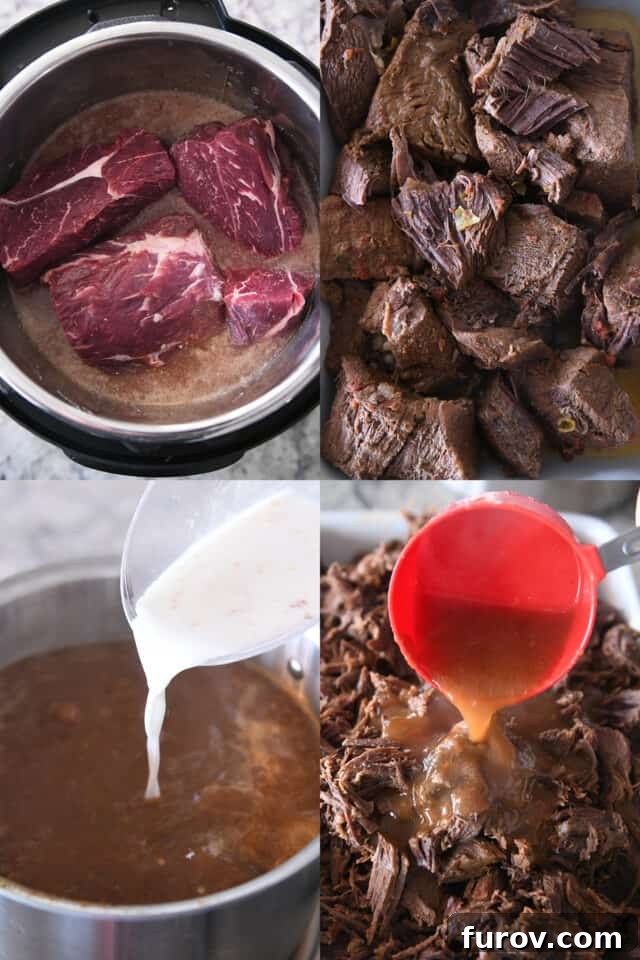 Beef roast in Instant Pot; cooked beef in pan; pouring cornstarch slurry in Instant Pot; pouring sauce over shredded beef.