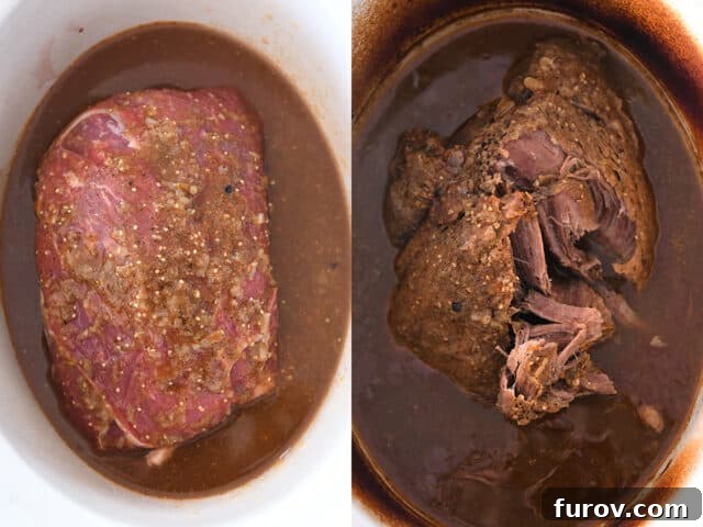 Beef roast in slow cooker with sauce and cooked.