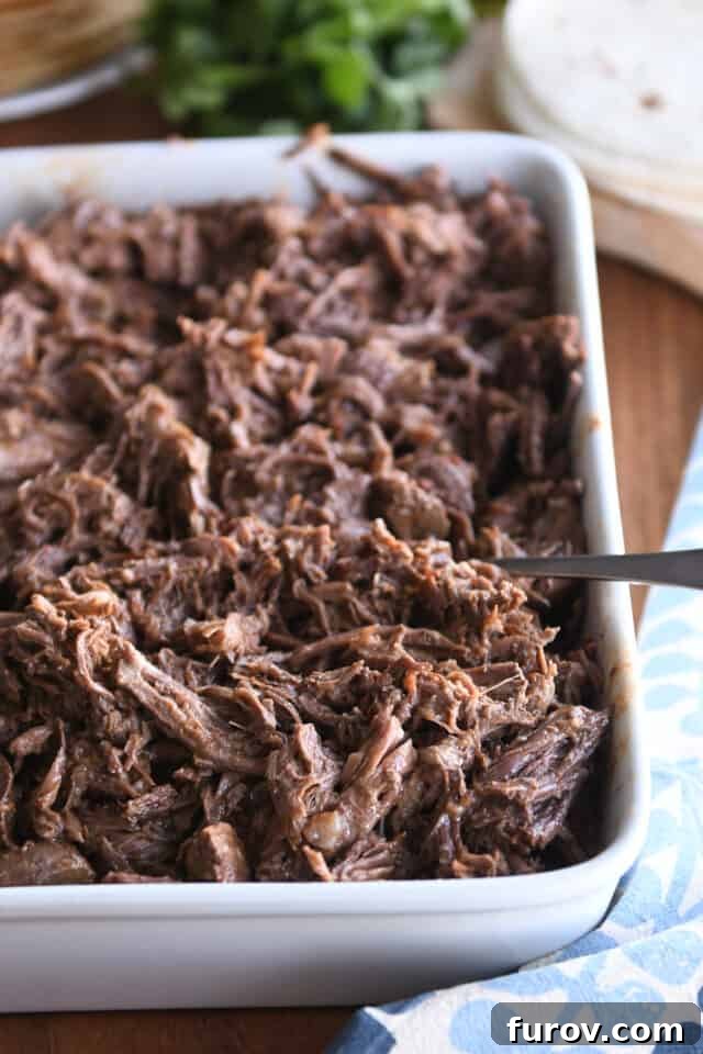 Shredded Mexican beef in white pan with fork.