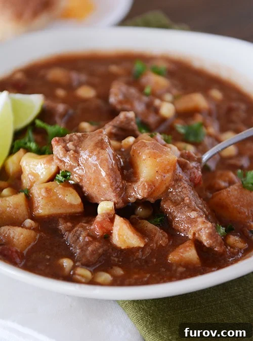 A hearty white bowl of Tex-Mex beef and sweet potato stew, garnished with fresh cilantro.
