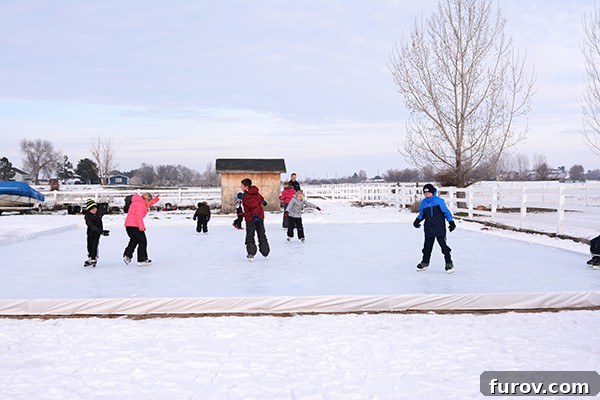 Homegrown Saturday Snaps 2 A family skating on a homemade ice skating rink in their backyard, surrounded by snow and trees.