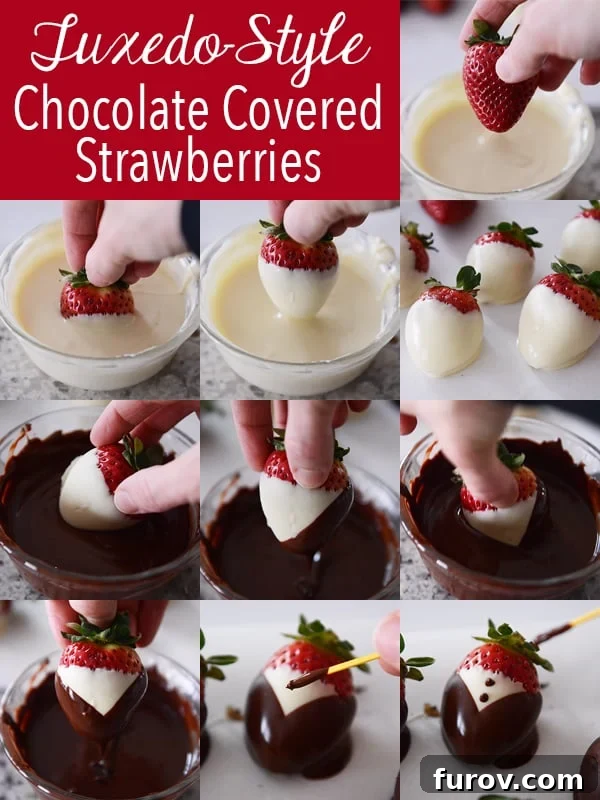 Elegant Tuxedo Strawberries 3 Collage of pictures showing the step-by-step process to make tuxedo-style chocolate covered strawberries.