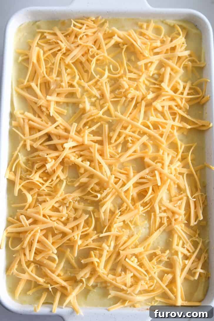 Rustic Meat and Potato Pie 6 Top-down view of a white casserole dish beautifully topped with creamy mashed potatoes and generously sprinkled with shredded cheddar cheese, ready for baking.