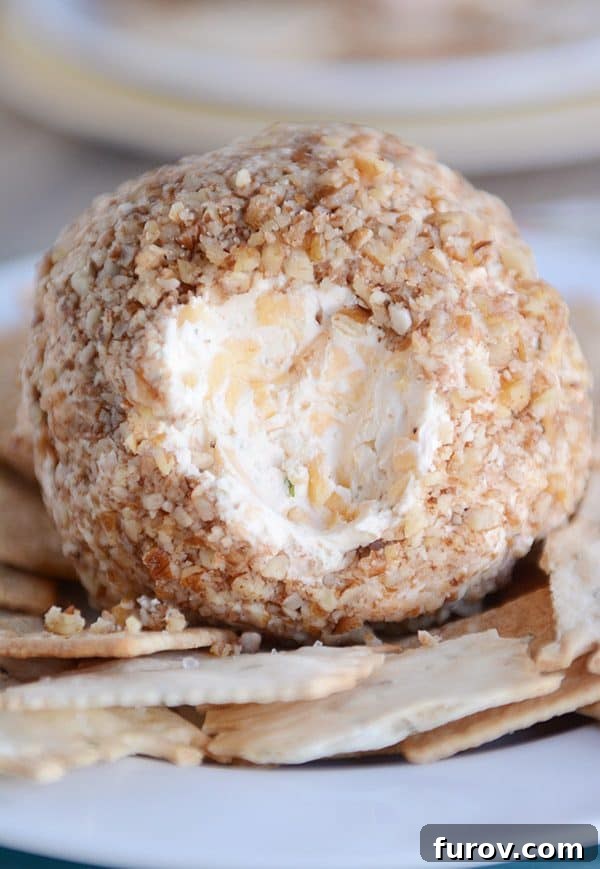 Large cheeseball with pecan crusted outside on a plate with crackers around it.