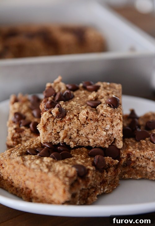 Wholesome Banana Bread Chocolate Chip Oat Bars 2 A white plate with four banana oat chocolate chip bars, showcasing their moist texture.