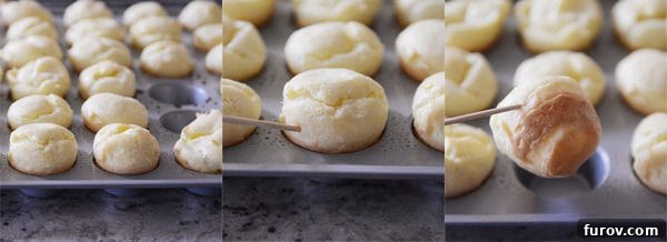 A collage showcasing several golden-baked cream puffs nestled perfectly within a mini muffin tin, highlighting the effectiveness of this baking method.