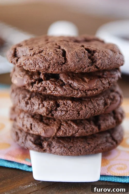 A stack of five soft, fudgy double chocolate cookies with melted chocolate chips visible.