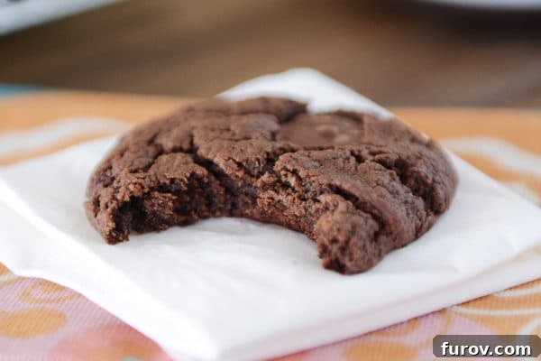 A delectable double chocolate cookie with a bite taken out, revealing its soft and gooey interior.