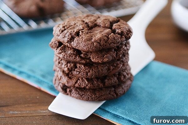 A stack of soft double chocolate cookies on a metal spatula, ready to be served.