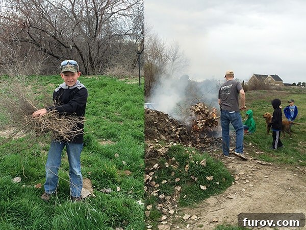 A family gathered outdoors, overseeing a controlled burn of yard debris, symbolizing hard work and collaboration.