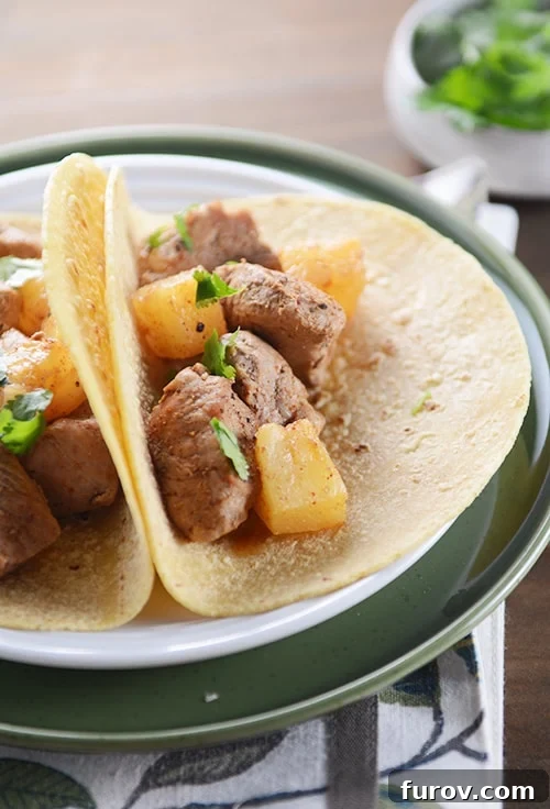 Two sweet and spicy pork and pineapple tacos in warm corn tortillas, artfully arranged on a clean white plate, garnished with fresh cilantro.