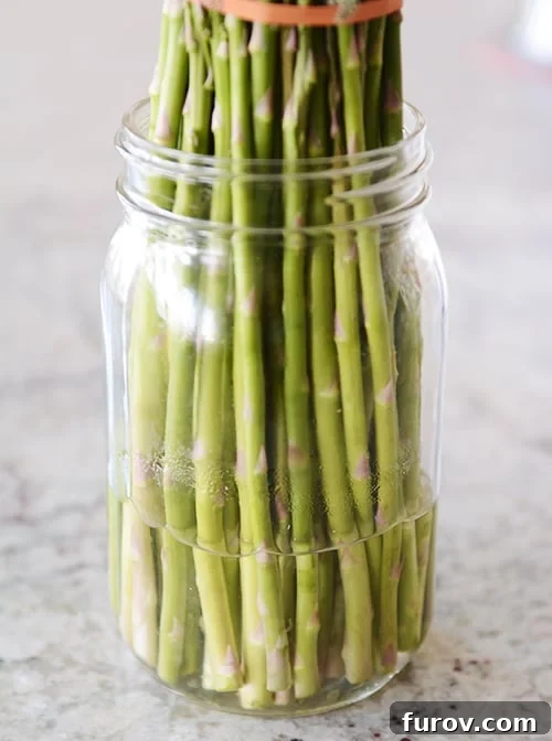 Long-Lasting Asparagus: Simple Storage Secrets 3 A mason jar with a rubber-banded bunch of asparagus and a few inches of water on the bottom.