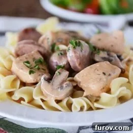 Cajun Chicken Stroganoff in a white bowl with egg noodles.