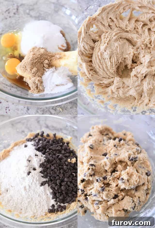 Step-by-step mixing of chocolate chip cookies in glass bowl.