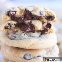 broken in half chocolate chip cookie with super melty chocolate chips