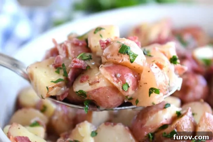 A metal spoon taking a large scoop of German potato salad out of a white dish, showing its appealing texture and rich dressing.