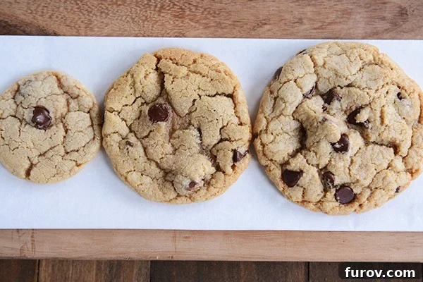 Kurabiye Kaşıkları Sadece Kurabiye İçin Mi Tüm Sırları ve Çok Yönlü Kullanım Alanları 3 Top view of a small, medium, and large baked chocolate chip cookie.