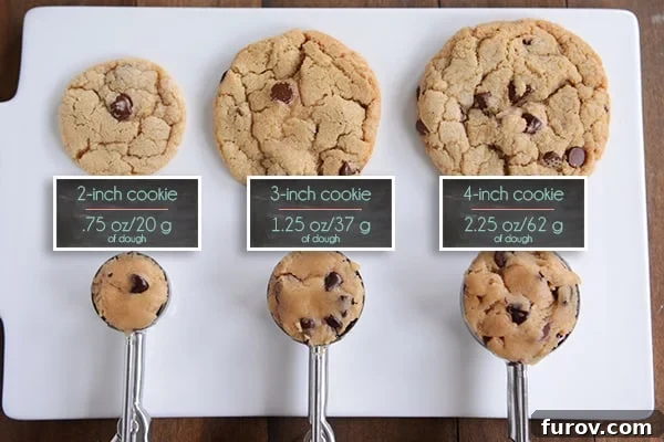 Kurabiye Kaşıkları Sadece Kurabiye İçin Mi Tüm Sırları ve Çok Yönlü Kullanım Alanları 5 Different sizes of cookie dough scoops full of raw dough with baked cookies of varying sizes on top.