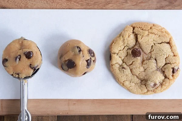 Kurabiye Kaşıkları Sadece Kurabiye İçin Mi Tüm Sırları ve Çok Yönlü Kullanım Alanları 6 A cookie scoop full of raw cookie next to another ball of raw dough and a baked cookie.