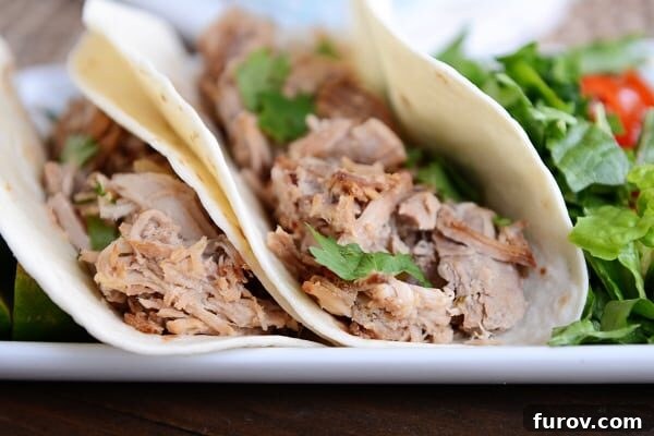 Melt-in-Your-Mouth Slow Cooker Carnitas 4 Side view of two vibrant shredded pork tacos served alongside a fresh green salad with a light dressing.