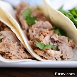 A close-up of crispy slow cooker pork carnitas ready to be served, showcasing its rich texture and color.