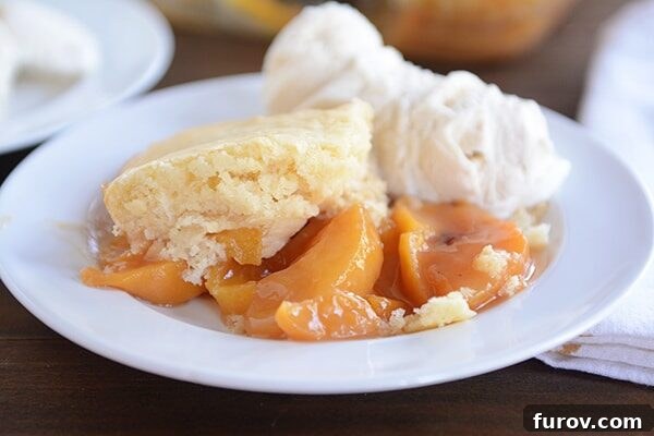 A large, inviting serving of classic peach cobbler, glistening with juicy peaches and topped with golden-brown biscuit pieces, accompanied by two scoops of rich vanilla ice cream, presented beautifully on a white plate.