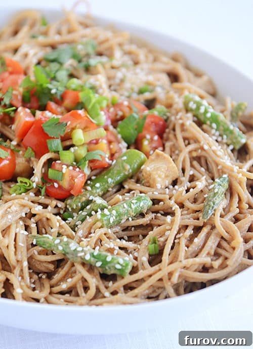 Thai Peanut Sesame Chicken Noodles 3 A bowl of cooked spaghetti topped with pieces of asparagus, tomatoes, sesame seeds, and chicken.
