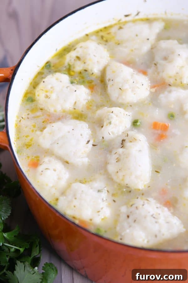 Cozy Chicken and Veggie Dumpling Soup 2 Orange cast iron pot filled with chicken dumpling soup, steaming gently.