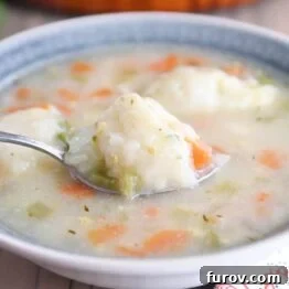 Cozy Chicken and Veggie Dumpling Soup 7 Blue bowl with chicken dumpling soup.