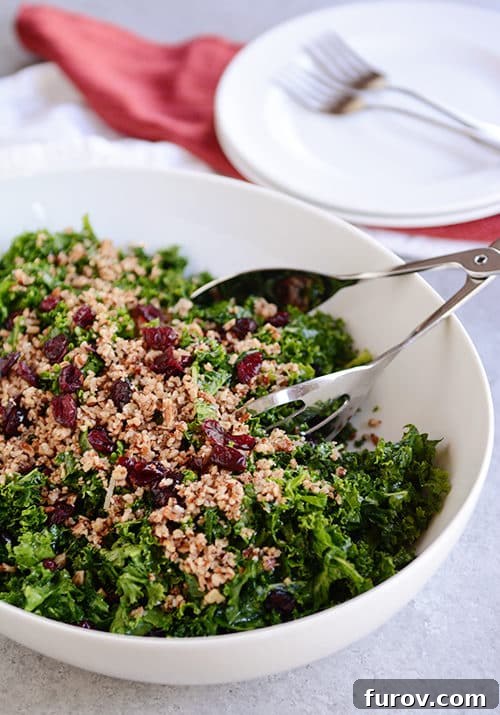 Signature Kale Salad Lemon Vinaigrette and Pecan Parmesan 2 A crisp, vibrant kale salad, generously topped with dried cranberries and toasted pecans, served in a pristine white bowl. Metal tongs rest alongside, ready for serving.