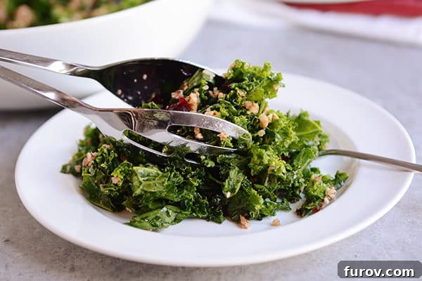 Signature Kale Salad Lemon Vinaigrette and Pecan Parmesan 4 Metal tongs carefully placing a serving of cranberry kale salad, adorned with crisp pecans, onto a pristine white plate, ready to be enjoyed.
