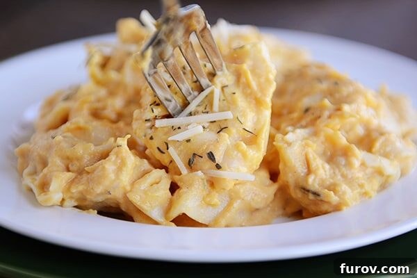 A fork taking a tortellini off of a white plate full of butternut squash tortellini, showcasing the perfect texture and sauce.