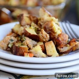 Pretzel and Sausage Stuffing in a baking dish, ready to be served.