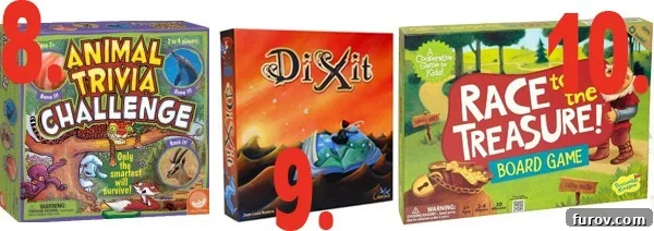 Four game boxes stacked, featuring Animal Trivia Challenge, Dixit, and Race to the Treasure, highlighting diverse game genres.