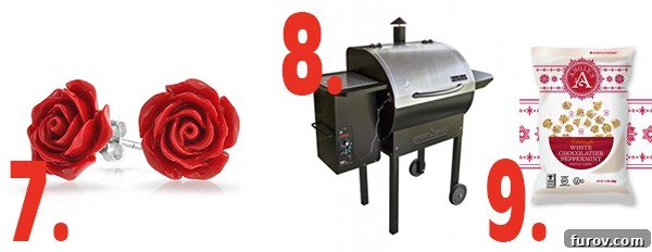More adult gift ideas, featuring delicate rose stud earrings, a high-end pellet grill, and gourmet popcorn treats.