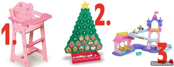 A vibrant collection of children's gift ideas, including a wooden doll high chair, an advent calendar, and a horse stable playset.