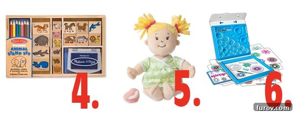 More creative and imaginative gift ideas for kids, including Melissa and Doug stamps, a Baby Stella doll, and a Spirograph set.