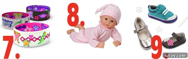 A selection of charming and creative gifts for young girls, including a 'design your own bracelet' kit, a Sweet Corolle baby doll, and durable See Kai Run shoes.