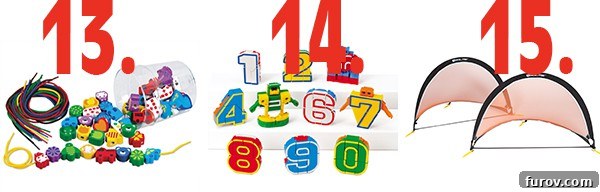 A final selection of engaging and educational gifts for children, including giant stringing beads, number bots, and fold-up soccer goals.
