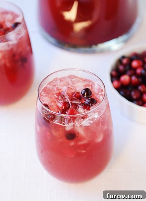 A clear glass full of red punch and floating cranberries on top, with a bowl of cranberries on the side and another glass of punch on the side.