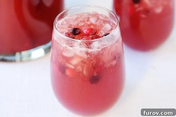 A clear glass full of red punch and floating cranberries on top.