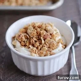A square image of Honey Almond Granola, ready to serve.
