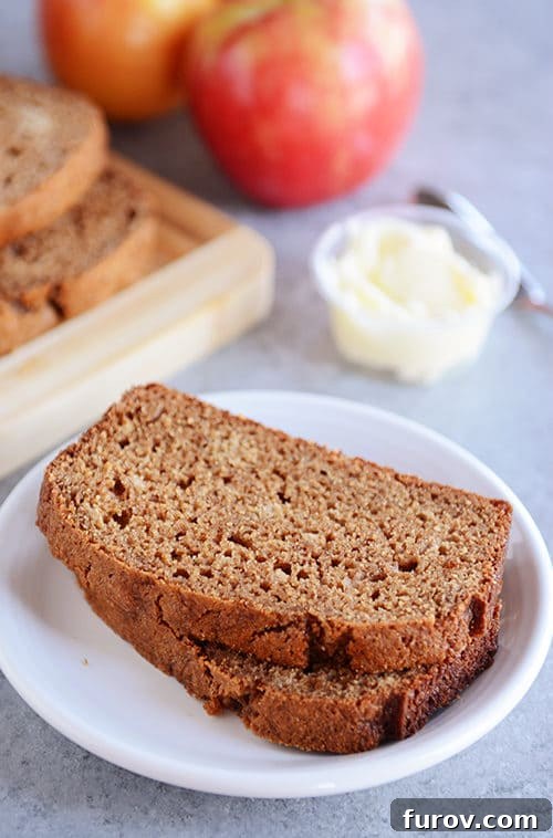 Hearty Cinnamon Apple Loaf 4 Two thick slices of cinnamon applesauce quick bread, stacked invitingly on a white plate.