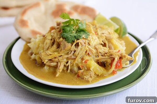 A white plate of shredded pork curry with flatbread on the side. Perfectly cooked slow cooker pork curry ready to be enjoyed.