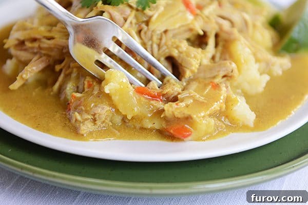 A fork taking a bite out of a sauce shredded pork curry on a white plate. Close-up of flavorful slow cooker coconut curry pork.