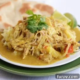 Slow Cooker Coconut Curry Pork served on a white plate with flatbread.