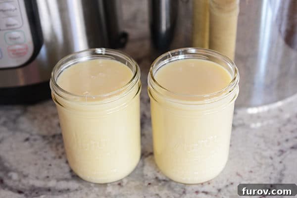Dulce de Leche in the Instant Pot and Stovetop Pressure Cooker 3 Two glass mason jars, precisely filled with rich sweetened condensed milk, poised for their transformation.