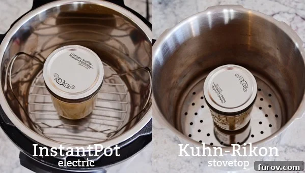 Dulce de Leche in the Instant Pot and Stovetop Pressure Cooker 4 Two canning jars with lids, sitting on a steamer rack inside an open pressure cooker, ready for water.