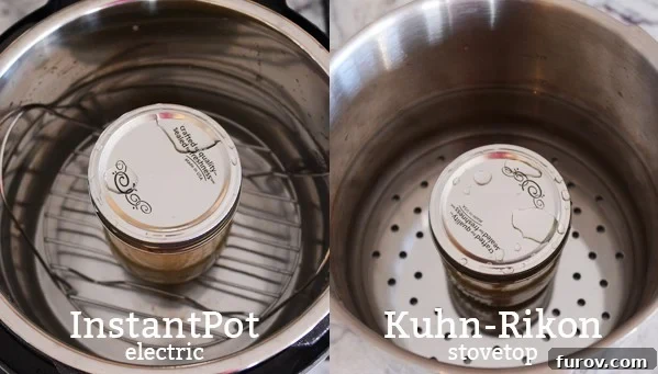 Dulce de Leche in the Instant Pot and Stovetop Pressure Cooker 5 Water being poured into a pressure cooker containing a jar, illustrating the correct water level.